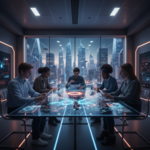 Baño moderno y lujoso con bañera exenta ovalada blanca, grandes ventanales con vistas a un jardín verde exuberante y azulejos grises minimalistas en paredes y suelo.