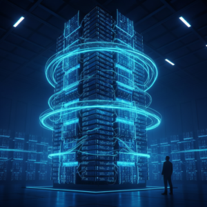 Manzana verde brillante con una hoja pequeña en su tallo sobre un fondo blanco.