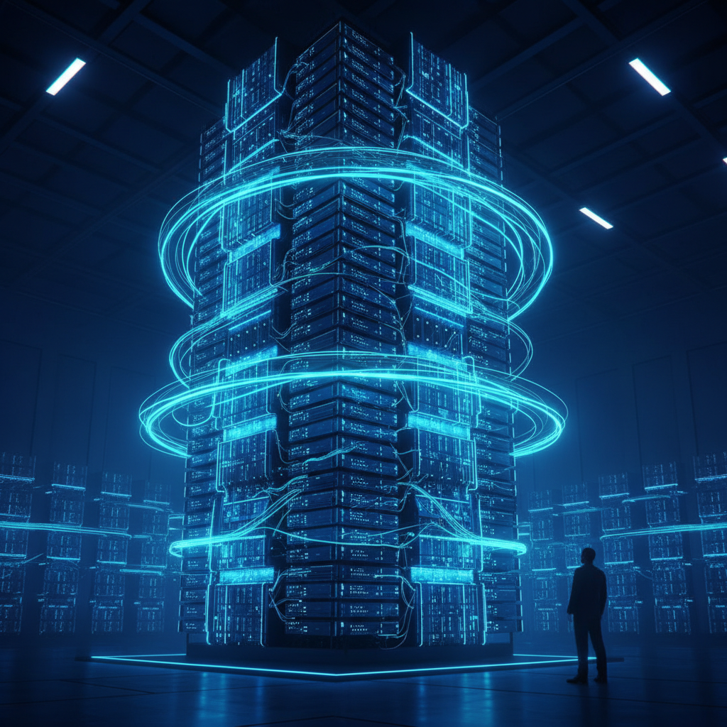 Manzana verde brillante con una hoja pequeña en su tallo sobre un fondo blanco.