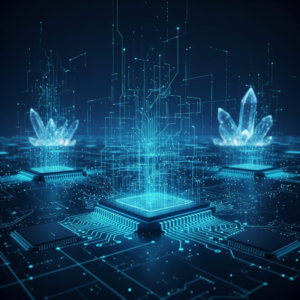 Mujer joven sonriendo y señalando una pizarra con un diagrama de flujo complejo y post-its de colores.