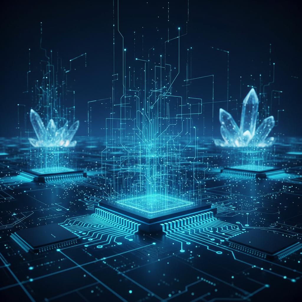 Mujer joven sonriendo y señalando una pizarra con un diagrama de flujo complejo y post-its de colores.