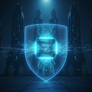 Una mujer afroamericana sonríe mientras mira su teléfono móvil y sostiene una tarjeta de crédito, con un fondo bokeh de luces borrosas.