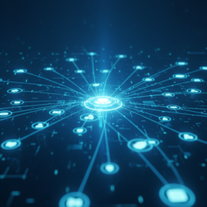 Ilustración 3D de un carrito de compras gris flotando, conteniendo cajas de cartón y bolsas de compra de colores.