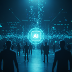 Una mujer de pelo oscuro con gafas, tecleando concentrada en un ordenador portátil en un entorno de oficina.