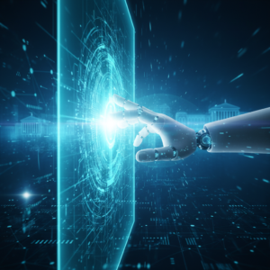 Niño pequeño sentado en una silla de ruedas personalizada con sistema de apoyo, sonriendo mientras mira ligeramente hacia la izquierda.