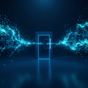 Sala de estar moderna y minimalista con un gran sofá gris en forma de L, una mesa de centro de madera, y una ventana panorámica con vistas a la ciudad.