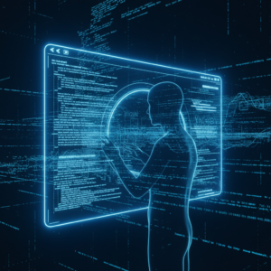 Mujer joven sonriendo, trabajando en un portátil en un entorno de oficina moderno.