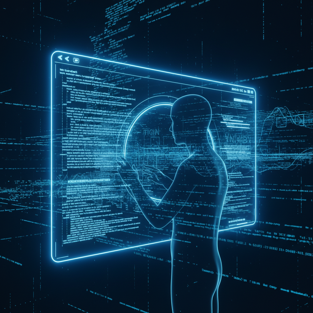 Mujer joven sonriendo, trabajando en un portátil en un entorno de oficina moderno.