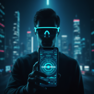 Mujer sonriente trabajando en un portátil en una oficina moderna y luminosa con plantas, mostrando una pantalla con gráficos y datos de marketing digital.