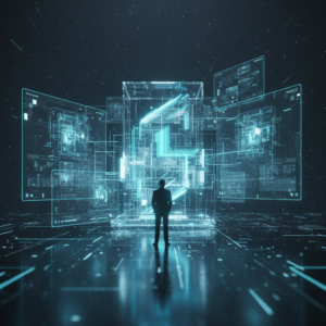 Mujer sonriente con bata blanca, gafas y cabello oscuro, señalando una tableta digital que muestra datos en una oficina moderna.