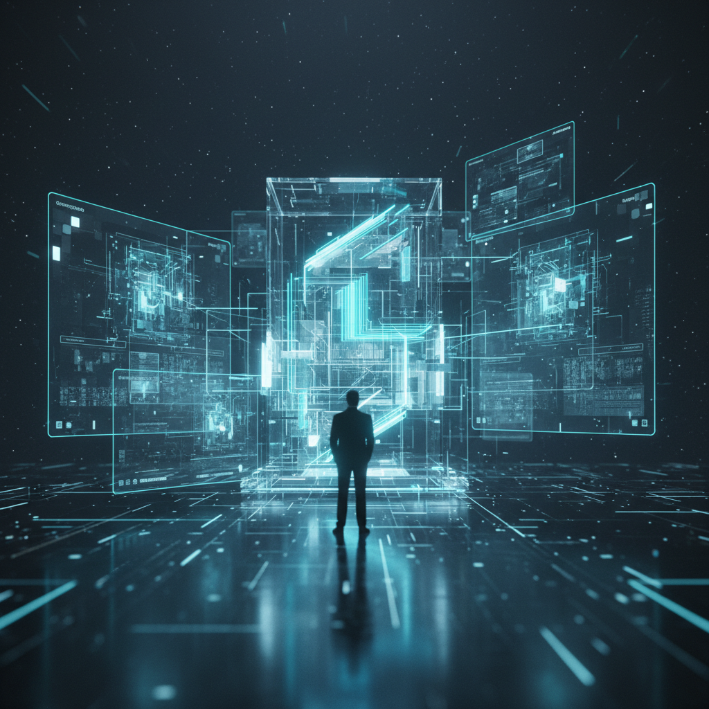 Mujer sonriente con bata blanca, gafas y cabello oscuro, señalando una tableta digital que muestra datos en una oficina moderna.