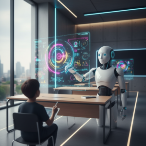 Un hombre sonriendo y gesticulando mientras habla por teléfono con auriculares en una oficina moderna y luminosa.