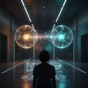 Persona observando dos esferas de energía brillante conectadas por partículas en un laboratorio futurista.