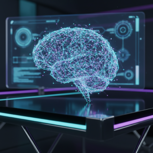 Representación digital de un cerebro humano formado por una red de conexiones luminosas sobre una mesa tecnológica con una pantalla de datos holográficos al fondo.