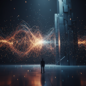 Mujer de perfil utilizando un ordenador portátil plateado sobre una mesa de madera oscura, con las manos sobre el teclado y la pantalla mostrando gráficos.