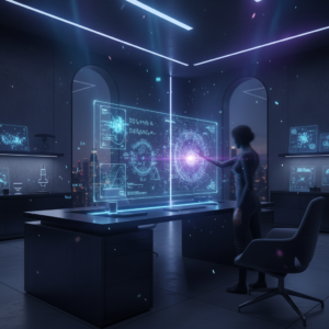 Tres profesionales colaborando en una sala de reuniones moderna con una pantalla digital grande.