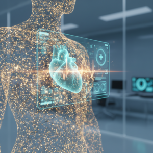 Mano sosteniendo un smartphone con una interfaz de aplicación para generar imágenes, mostrando un campo de texto y el botón 'Crear'.