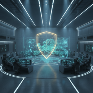 Un grupo diverso de profesionales colabora alrededor de una mesa de reuniones, utilizando ordenadores portátiles y revisando documentos en una oficina moderna y luminosa.