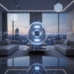 Una mano sostiene un smartphone negro con una pantalla que muestra una aplicación móvil colorida y varias imágenes de productos, como un feed de compras o redes sociales.