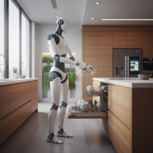 Una taza de café humeante en una mesa de madera, acompañada de granos de café tostados dispersos y una cuchara metálica.