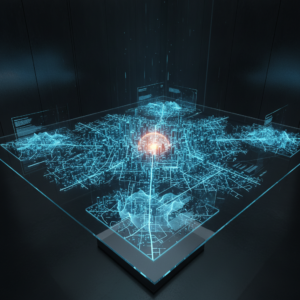 Pizza redonda con pepperoni, champiñones y pimientos sobre una tabla de madera.