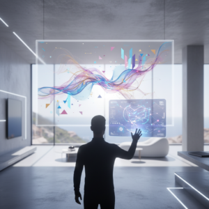 Vista aérea de una taza de café humeante sobre una mesa de madera clara, con dos granos de café al lado.