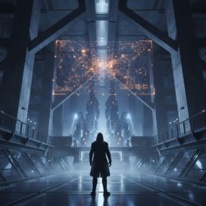 Mujer sonriendo y señalando con el dedo a la cámara, vestida con una chaqueta acolchada azul y una camiseta a rayas.