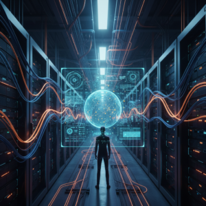 Escritorio de trabajo moderno y ordenado con un portátil, una taza de café y documentos.} {