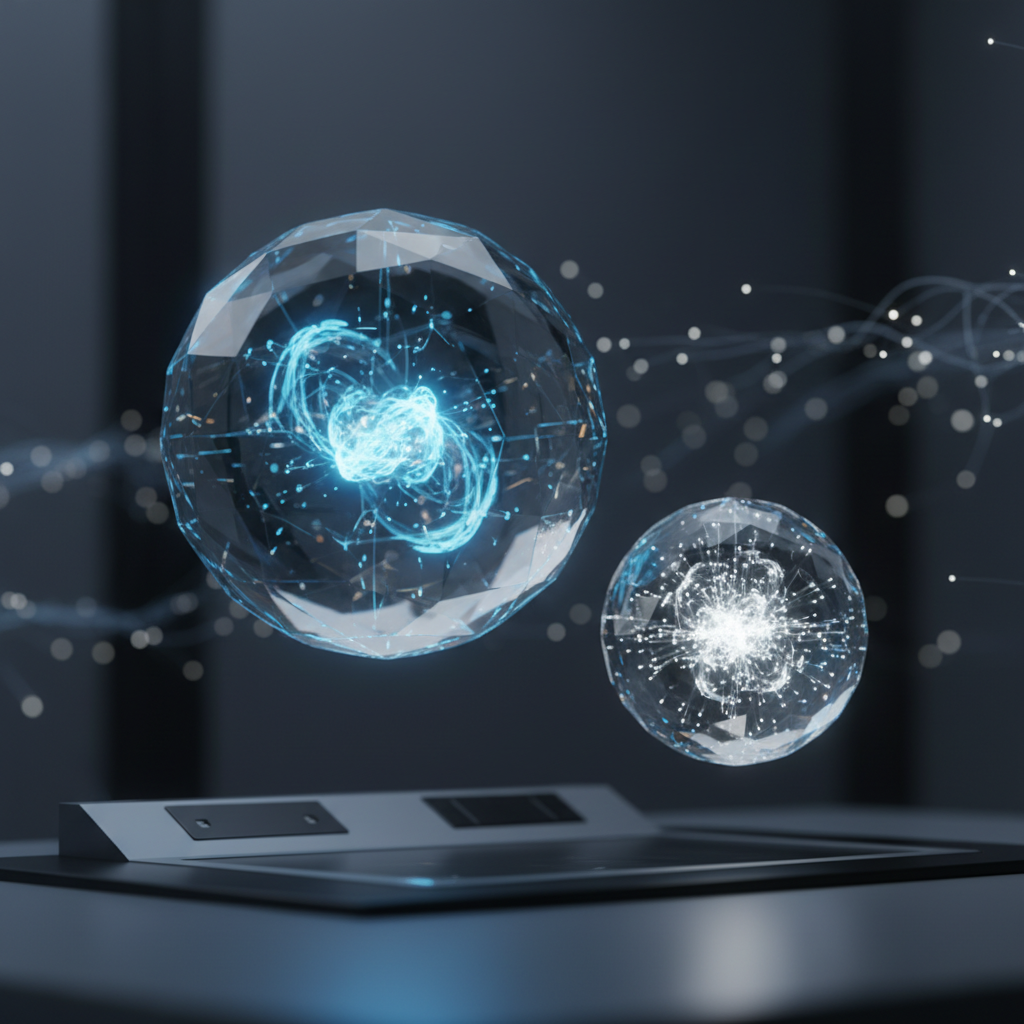 Dos esferas geométricas de cristal con núcleos de energía brillante flotando sobre una base tecnológica oscura.