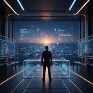 Un elegante salón minimalista con paredes claras, un sofá gris, una mesa de centro de madera redonda y una planta alta en maceta, iluminado por una ventana grande.