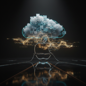 Logotipo de Apple brillante con cables conectados debajo de una nube digital compuesta por cubos luminosos y redes de datos flotantes sobre una superficie reflectante.