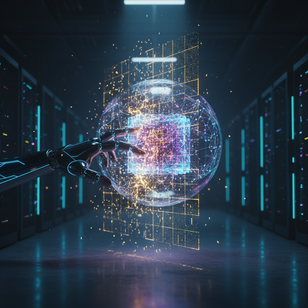 Mano robótica interactuando con una esfera de datos holográficos y un chip brillante en un centro de procesamiento de servidores.
