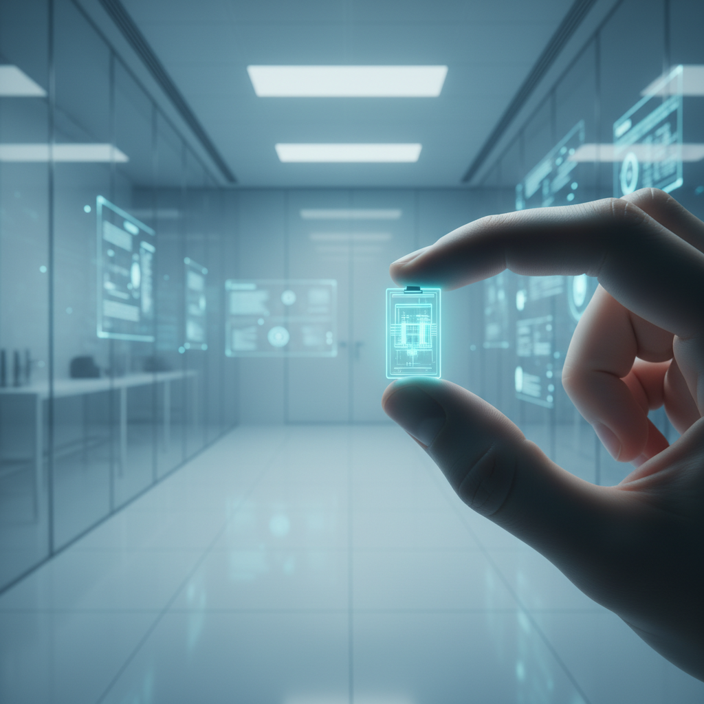 Mano humana sosteniendo un microchip holográfico digital en un laboratorio futurista de alta tecnología.