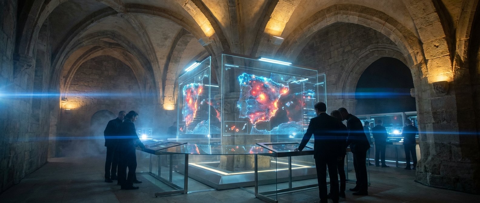 Hombres de traje interactúan con pantallas holográficas transparentes que muestran mapas de la Península Ibérica con datos luminosos rojos y azules, en una antigua sala abovedada de piedra con efectos de luz azul.