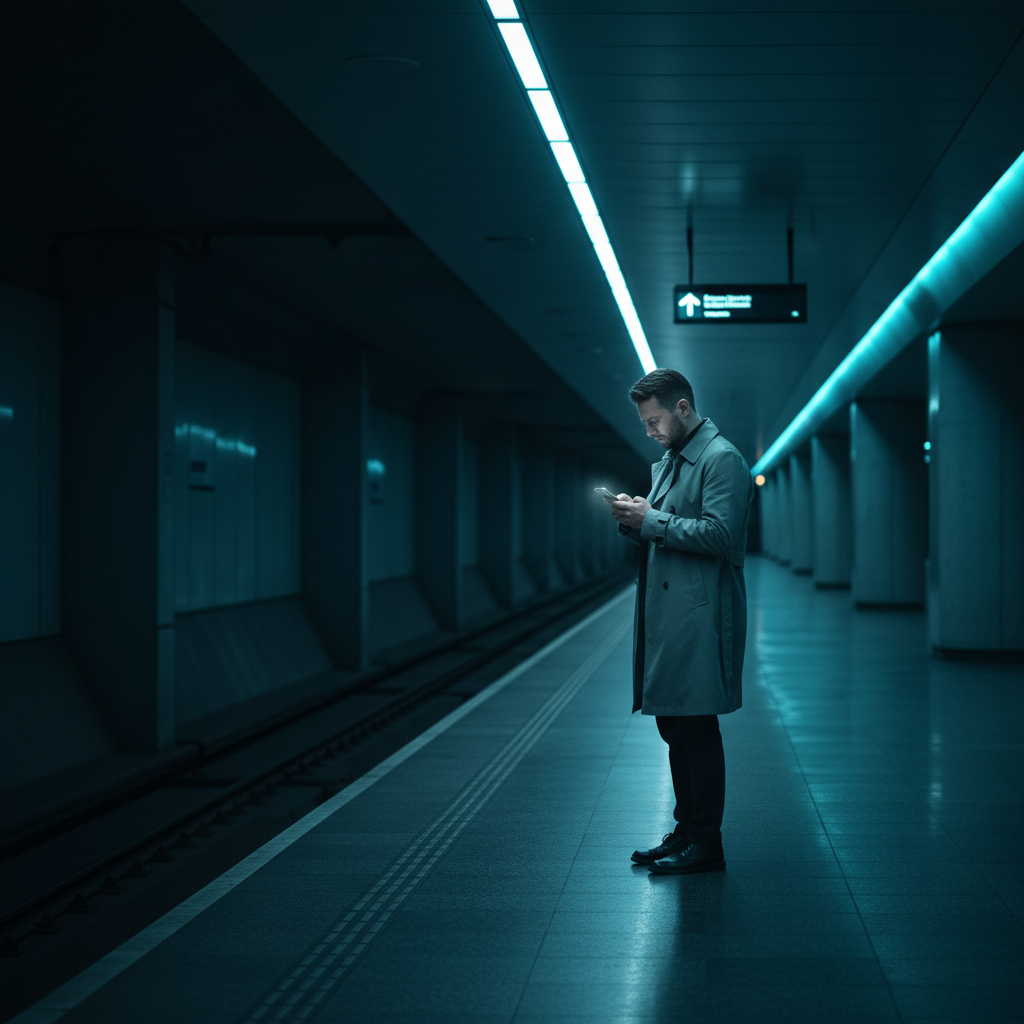 Un hombre vestido con gabardina consulta su teléfono móvil en un andén vacío de una estación de metro con iluminación azulada.