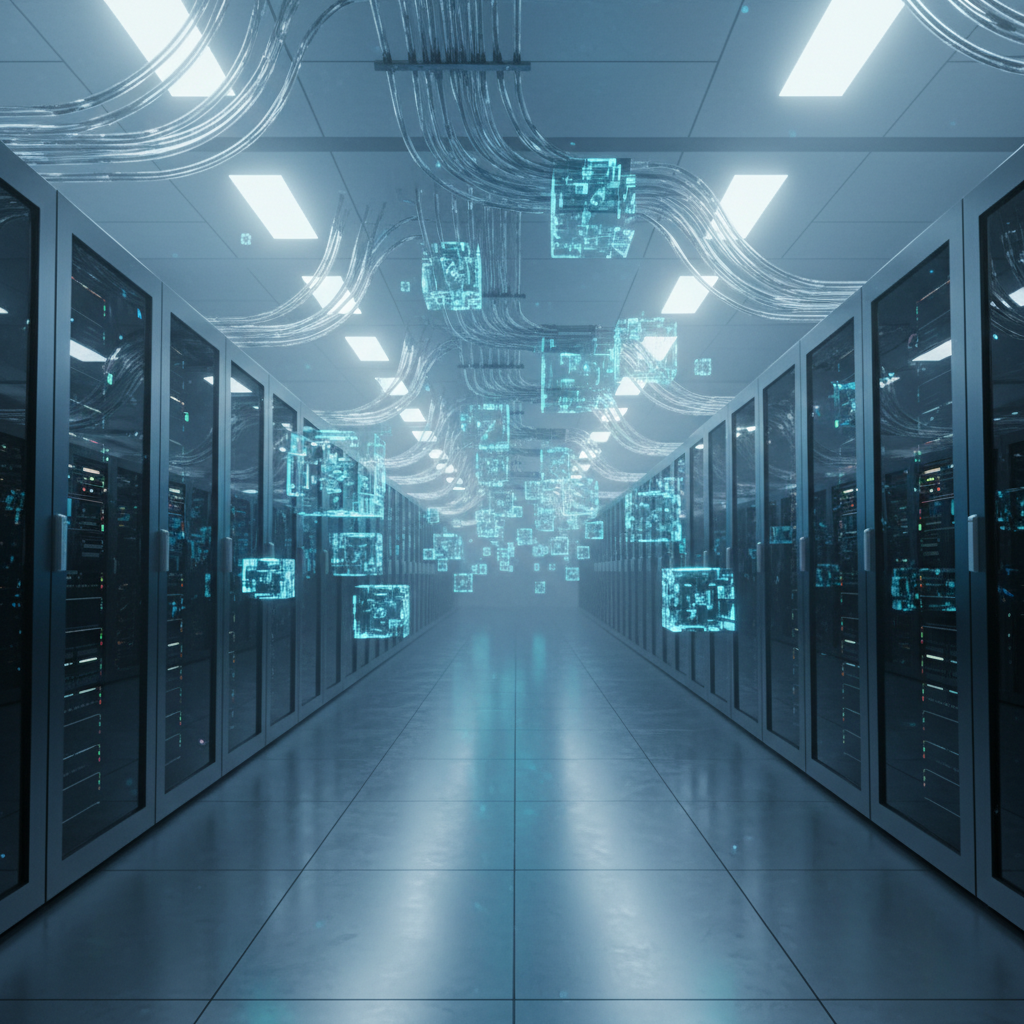 Pasillo de un centro de datos con servidores informáticos y nodos de datos flotantes representados como cubos holográficos.