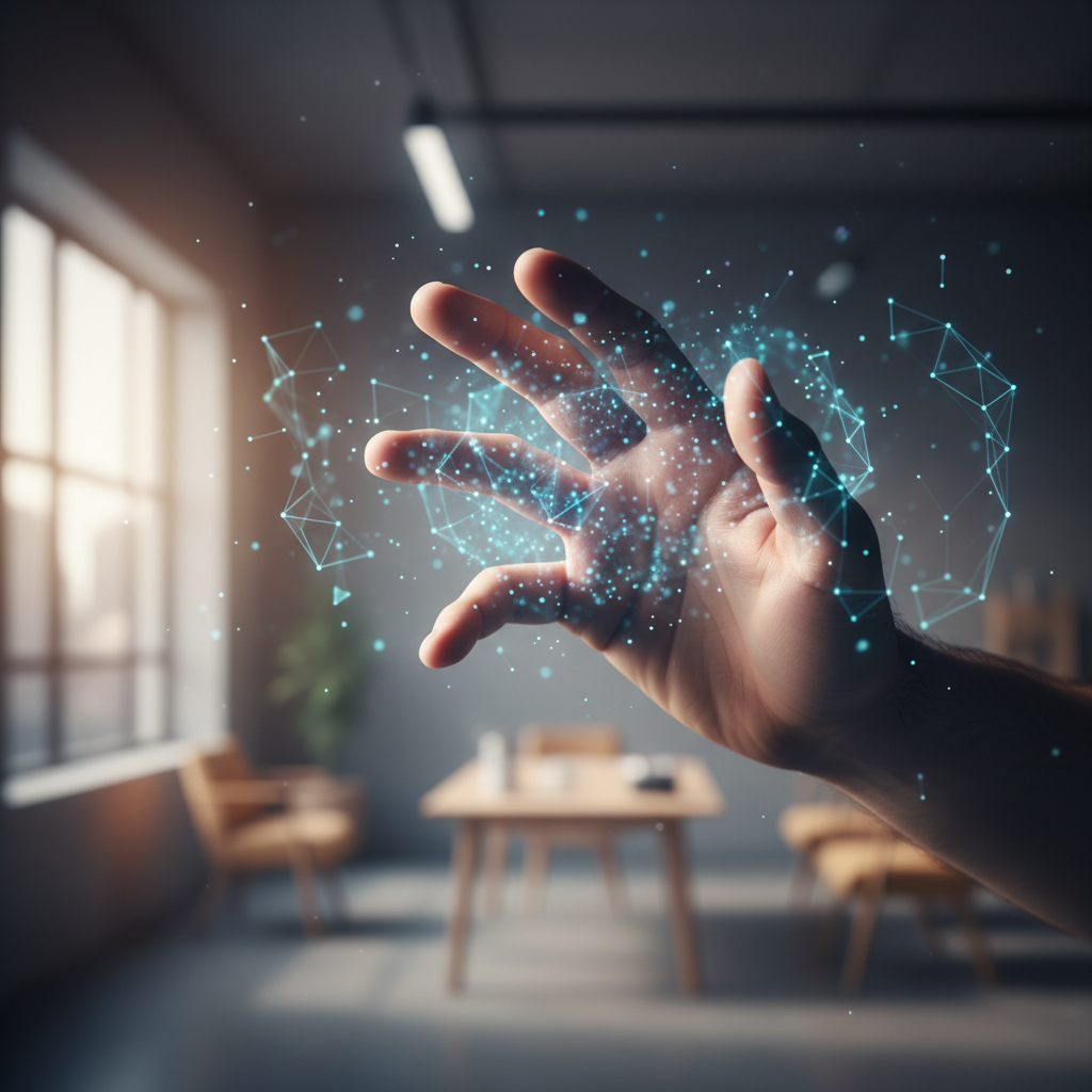 Mano humana extendida interactuando con una red digital de nodos y líneas de datos brillantes en una oficina.