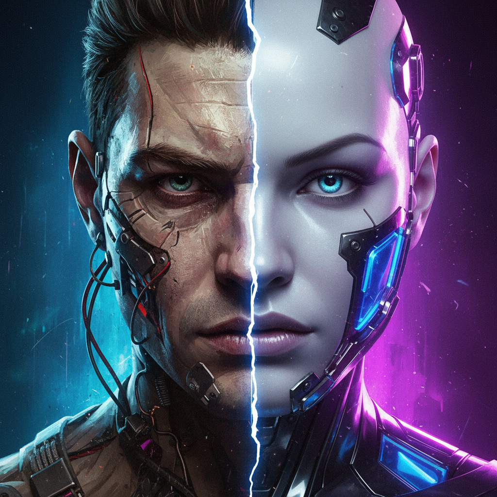 Primer plano de un rostro dividido verticalmente que muestra un hombre cibernético con piezas mecánicas y una androide con tecnología futurista y luces de neón.