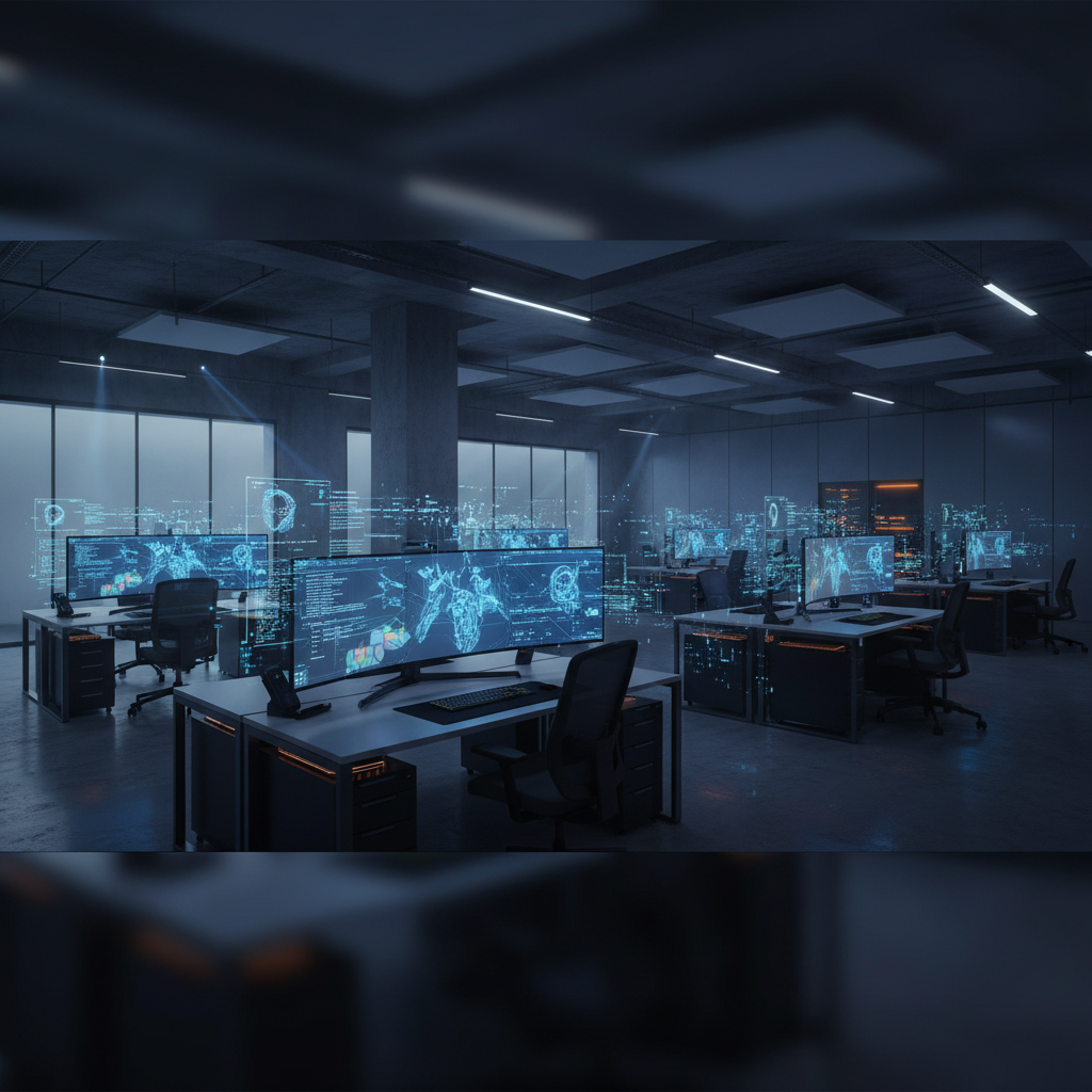 Oficina moderna con puestos de trabajo equipados con monitores curvos y gráficos de datos proyectados en el entorno.