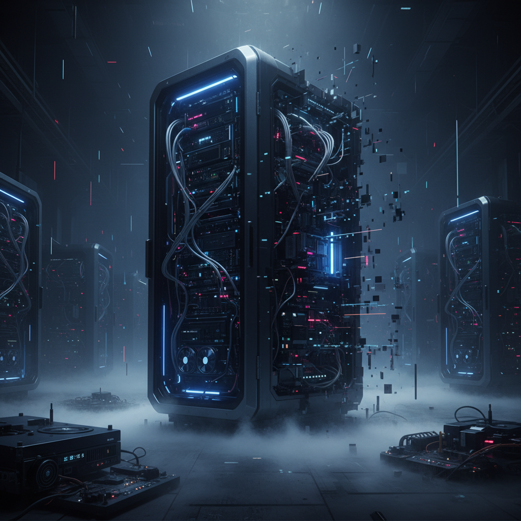 Centro de datos futurista con servidores de alta tecnología y efectos de partículas digitales en un entorno oscuro y brumoso.