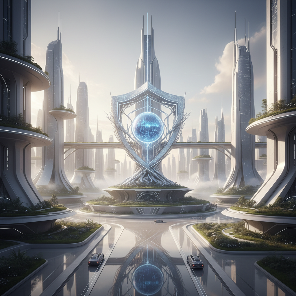 Ciudad futurista con arquitectura blanca y orgánica, torres elevadas sobre plataformas conectadas y un monumento central con forma de escudo y esfera de energía brillante.