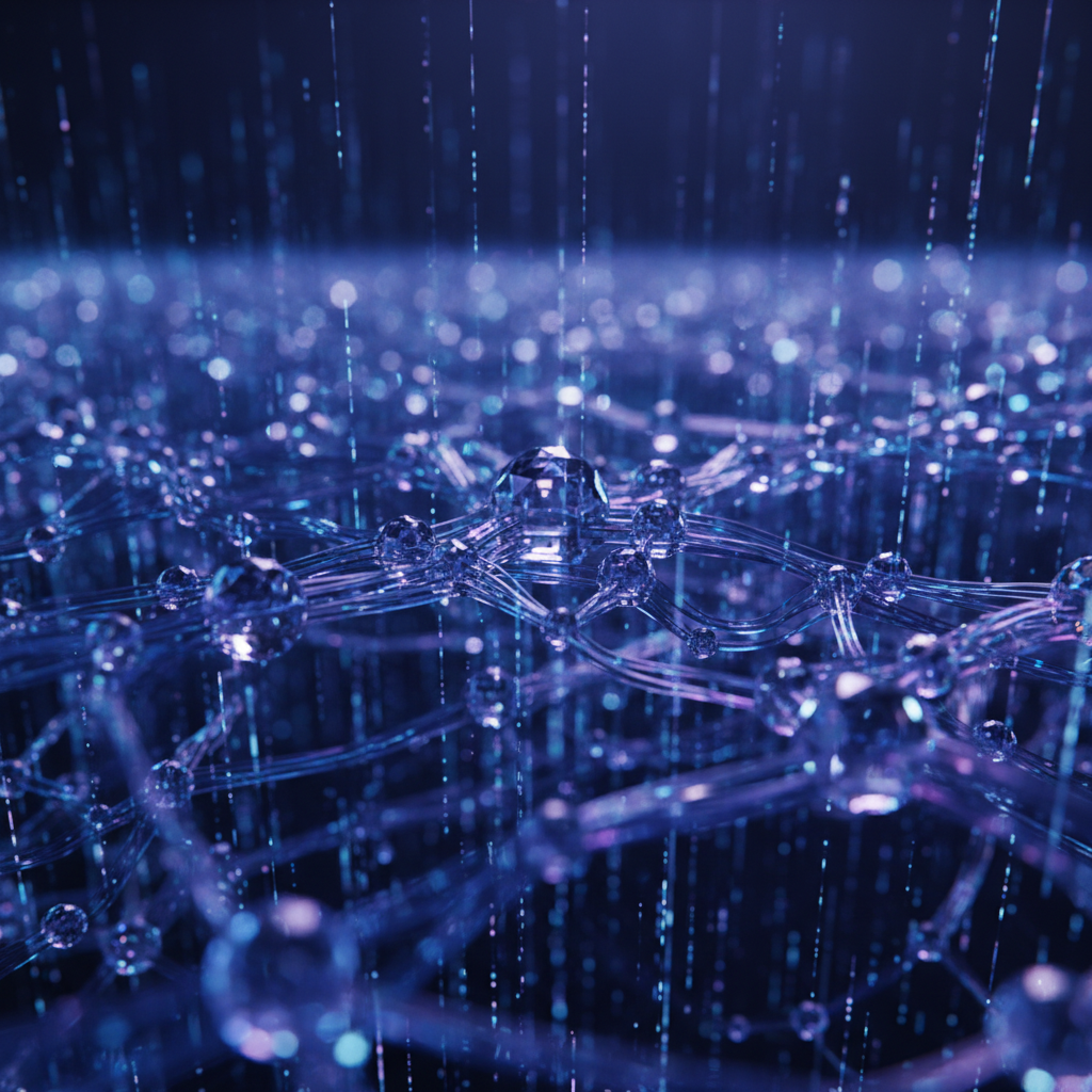 Red de conexiones digitales abstractas con esferas brillantes y líneas de datos verticales sobre fondo oscuro.
