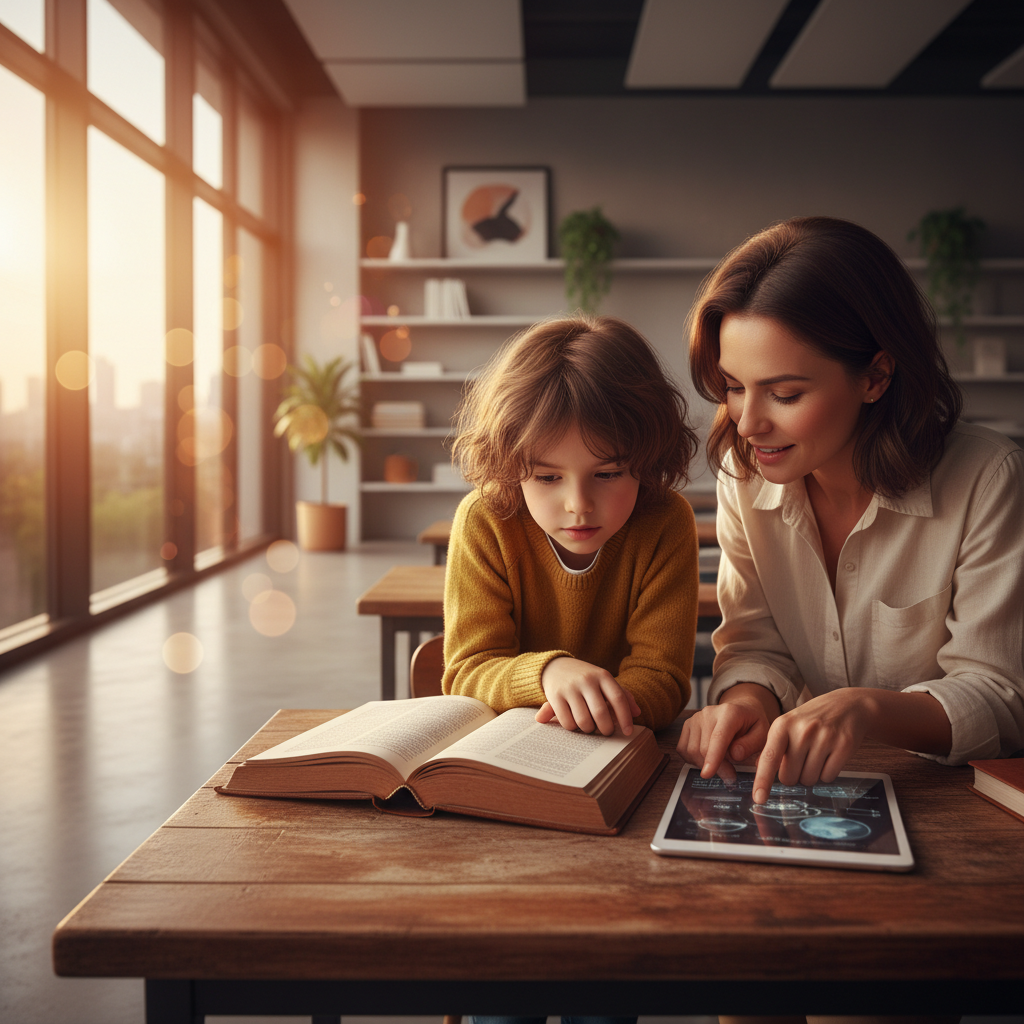 Una mujer ayudando a un niño con sus estudios usando un libro abierto y una tableta digital en una biblioteca.