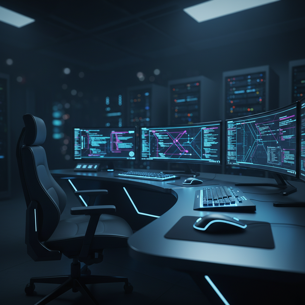 Estación de trabajo con múltiples monitores mostrando código y gráficos de datos en una sala de servidores iluminada con tonos azules.