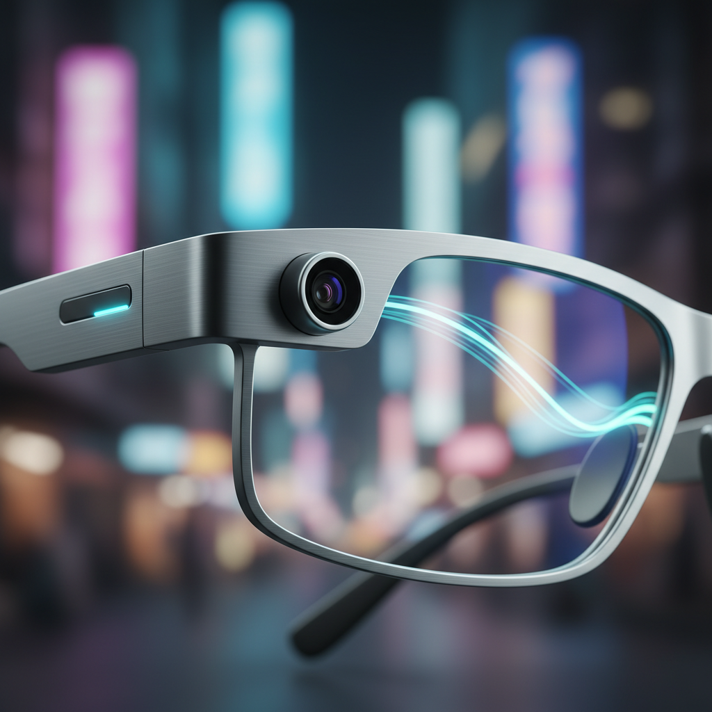 Gafas inteligentes de diseño futurista con cámara integrada y efectos visuales de luz sobre fondo urbano desenfocado.