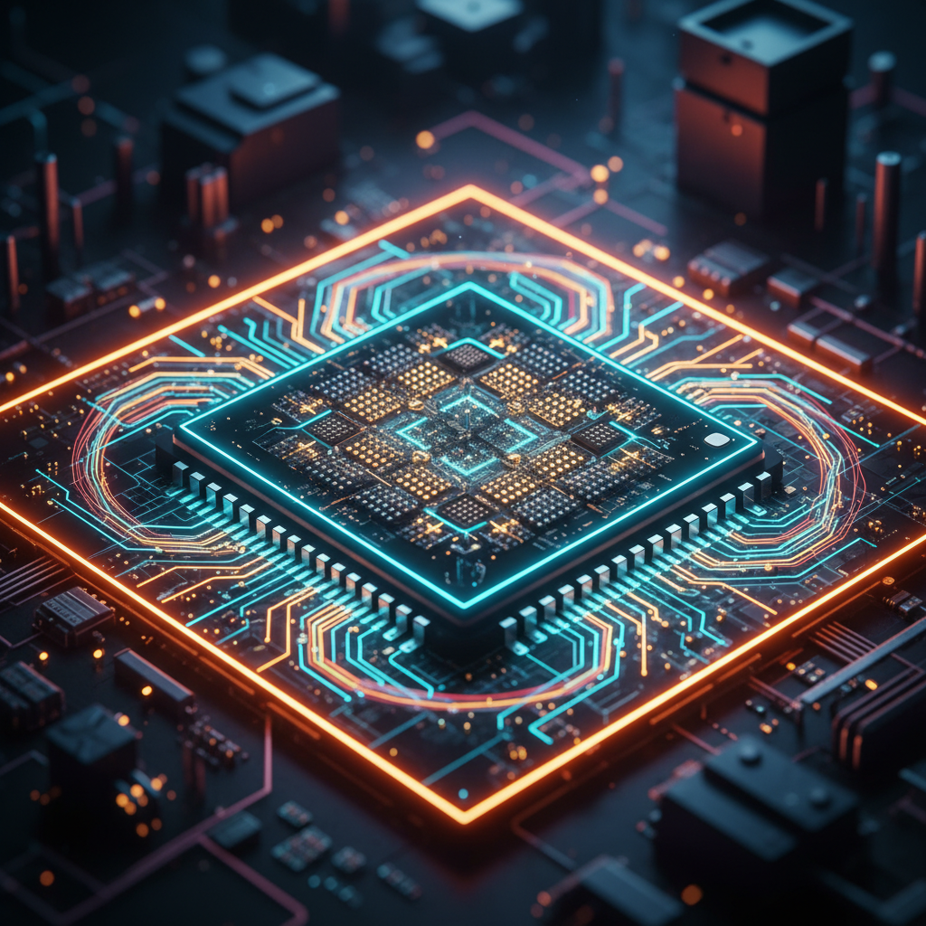 Un procesador de computadora iluminado con circuitos brillantes en azul y naranja sobre una placa base electrónica compleja.