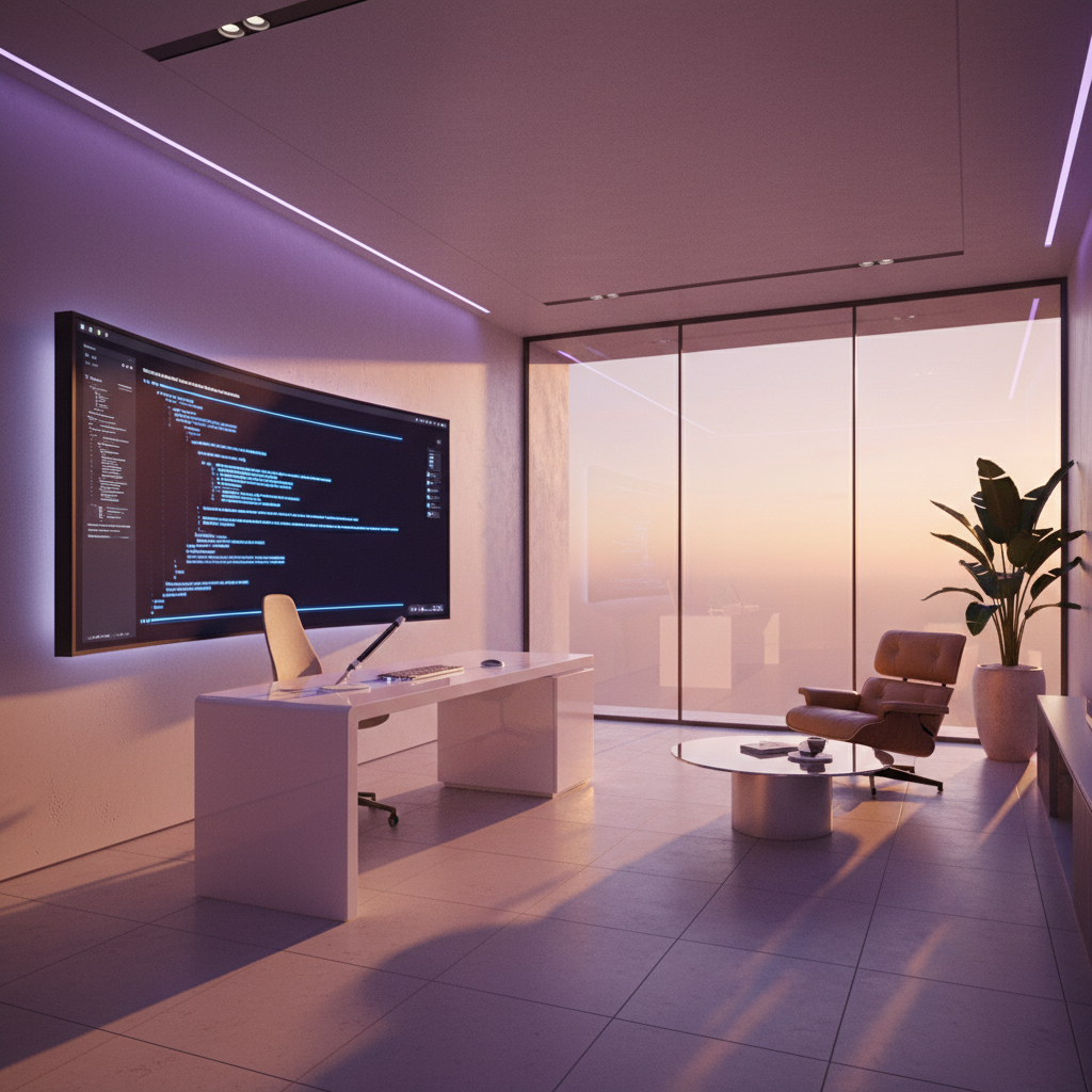 Oficina moderna de estilo minimalista con escritorio, silla ergonómica y pantalla curva mostrando código de programación durante el atardecer.