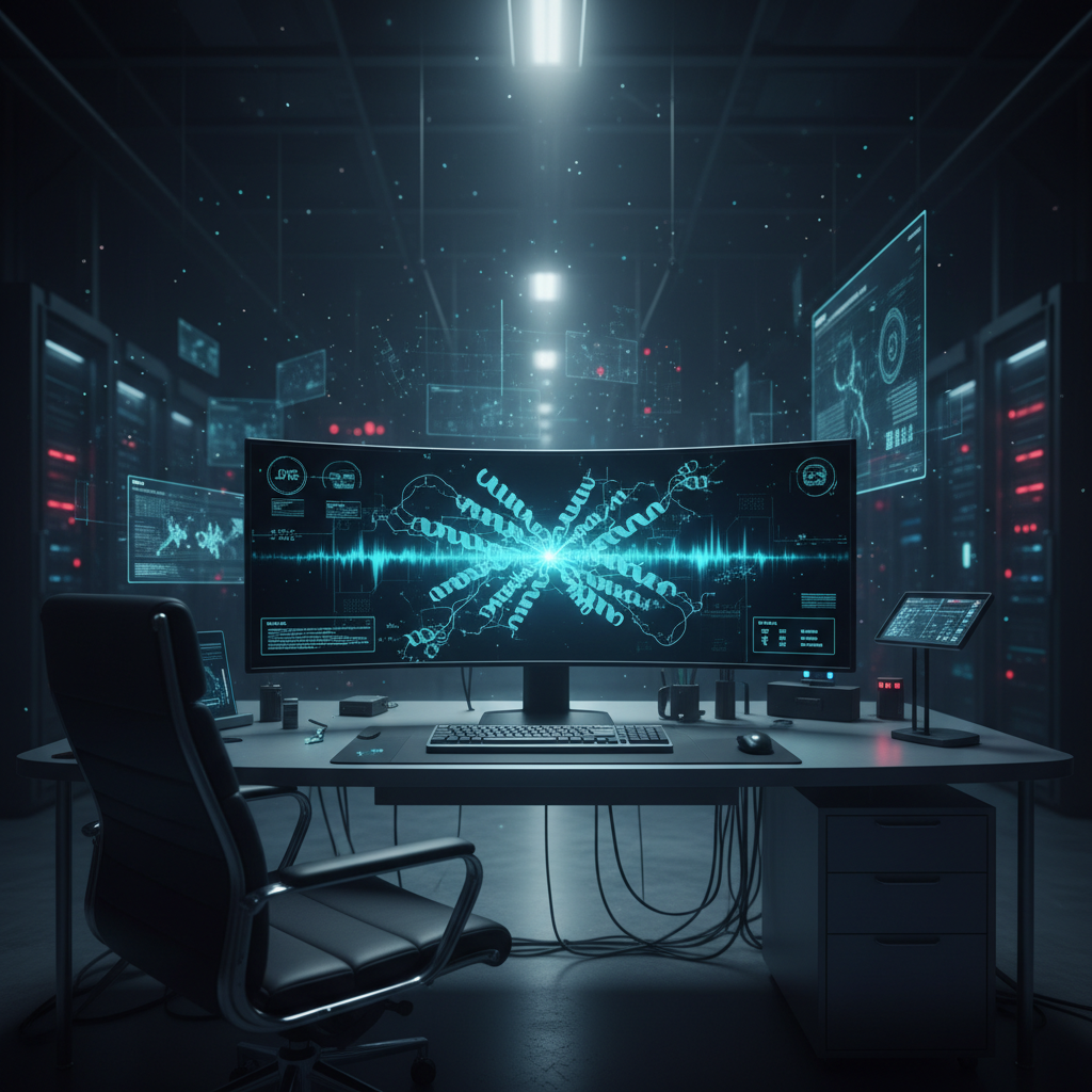 Escritorio de trabajo con monitor curvo mostrando modelos moleculares en un centro de datos con servidores.