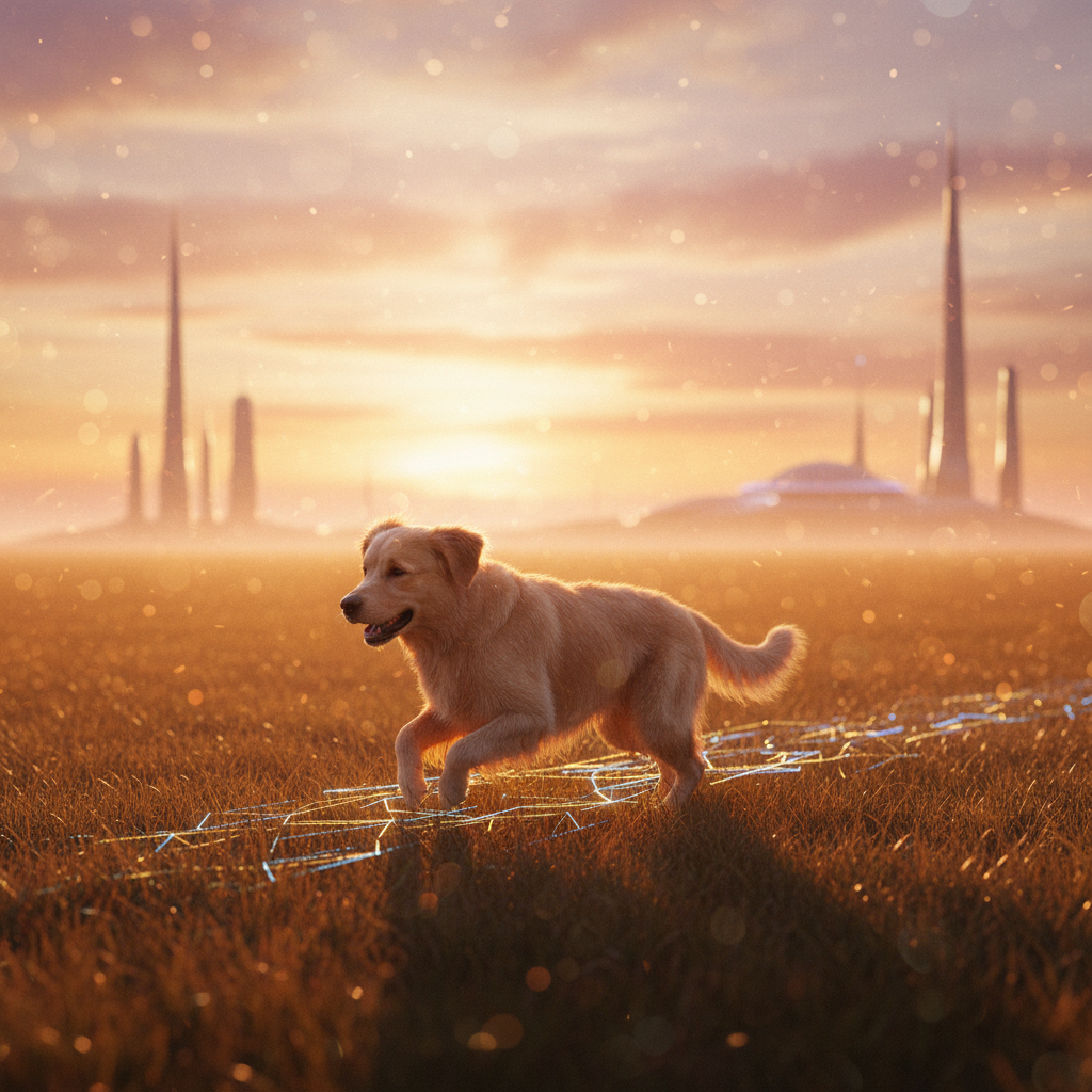 Un perro golden retriever caminando sobre un campo de hierba dorada con una estela de luces geométricas bajo sus patas y una ciudad futurista al fondo durante el atardecer.