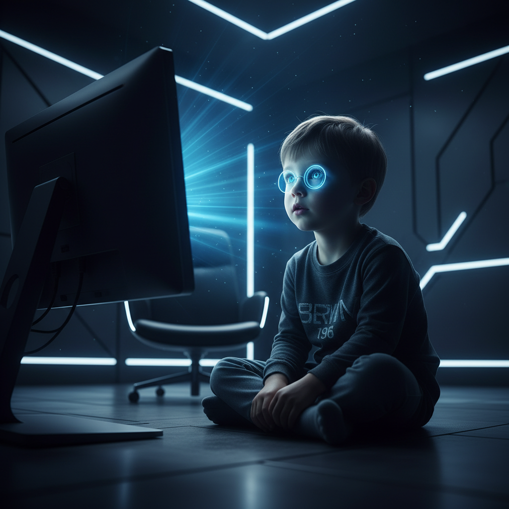 Niño pequeño sentado en el suelo frente a un monitor con luz azul brillante que refleja en sus gafas tecnológicas.